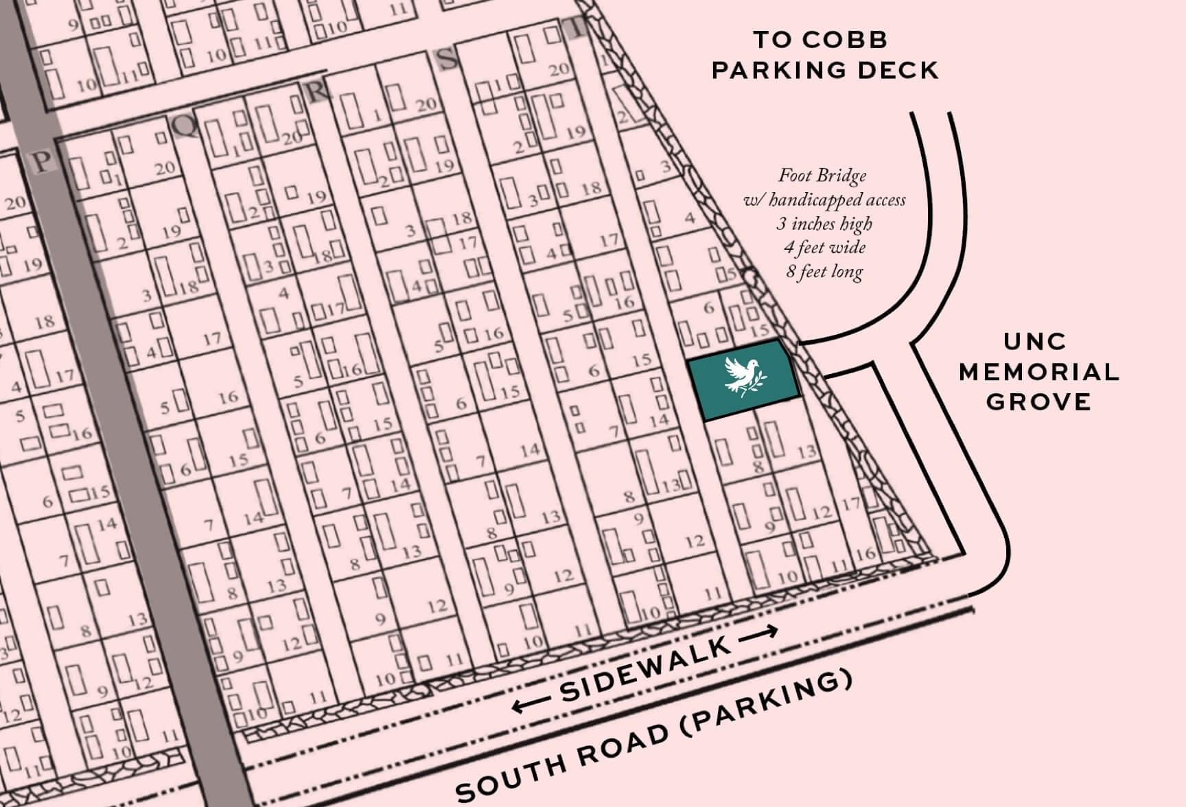 Map of future columbarium in UNC Memorial Garden. Foot Bridge w/ handicapped access 3 inches high, 4 feet wide, 8 feet long